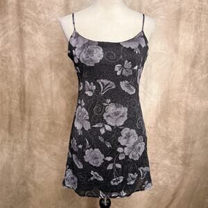 Vintage Y2K Jalate Floral Metallic Shift Mini Dress Black Indie Sleaze Fairy